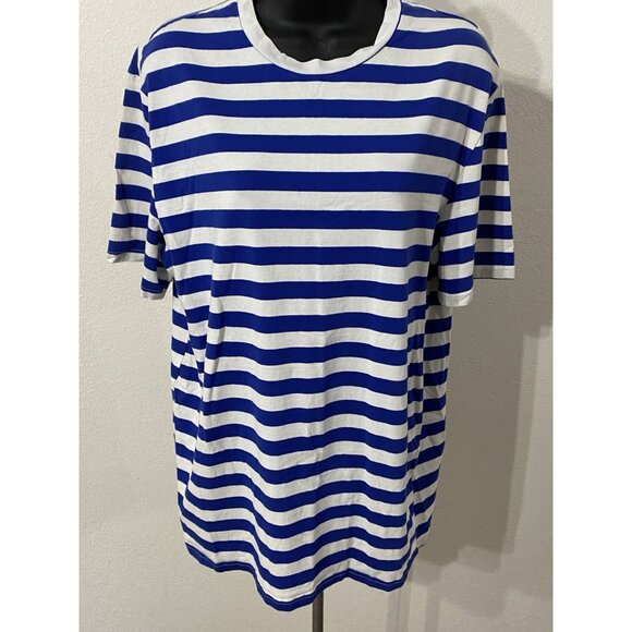 Shein Womens Blue & White Striped Top Size Large Round Neck Short Sleeve - Picture 1 of 8